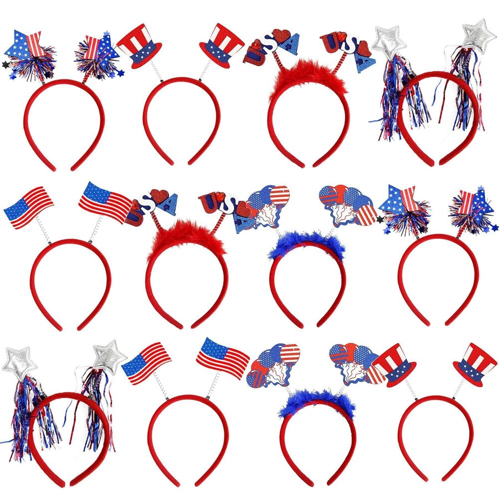 3343 4th of July Headband 12pcs Patriotic Headbands Uncle Sam Hat USA Flag